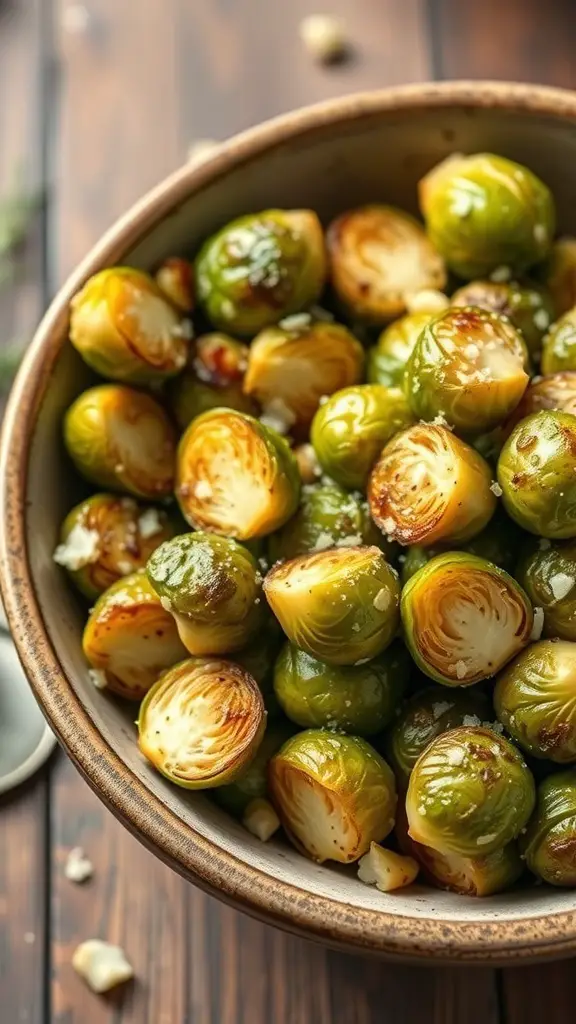 A bowl of Garlic Parmesan Roasted Brussels Sprouts, golden and crispy, garnished with garlic and cheese.