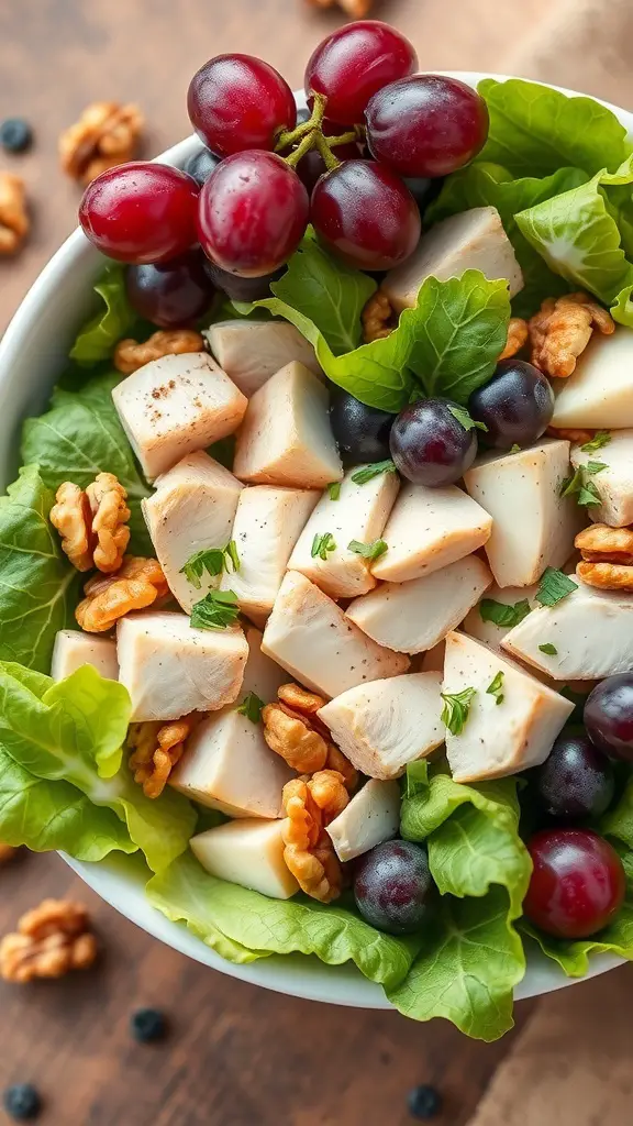 A bowl of chicken salad with grapes and nuts on a wooden table.