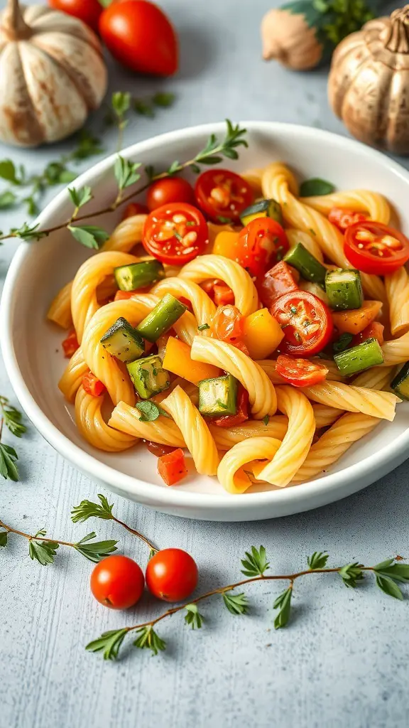 A bowl of Vegetable Primavera Cavatappi pasta with colorful vegetables.