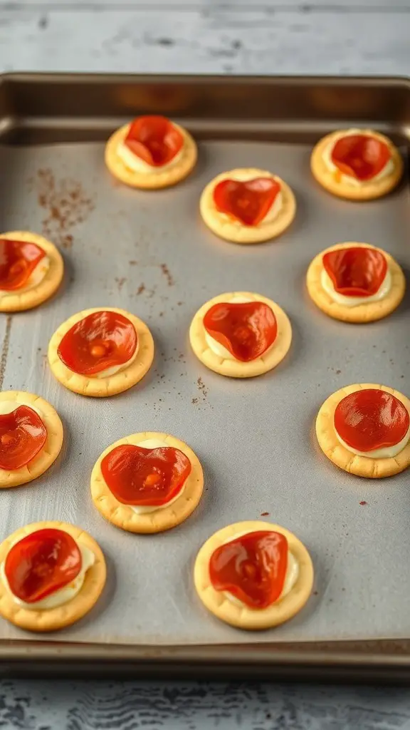 A tray of club cracker pizza bites topped with cheese and pizza sauce.