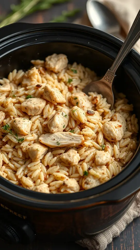 A close-up of creamy chicken and wild rice in a crockpot, featuring tender chicken pieces and orzo pasta.