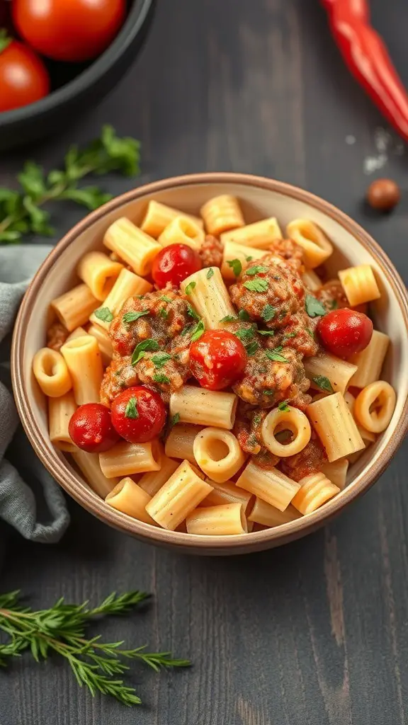 A bowl of rotini pasta with roasted red pepper sauce, garnished with cherry tomatoes and herbs.