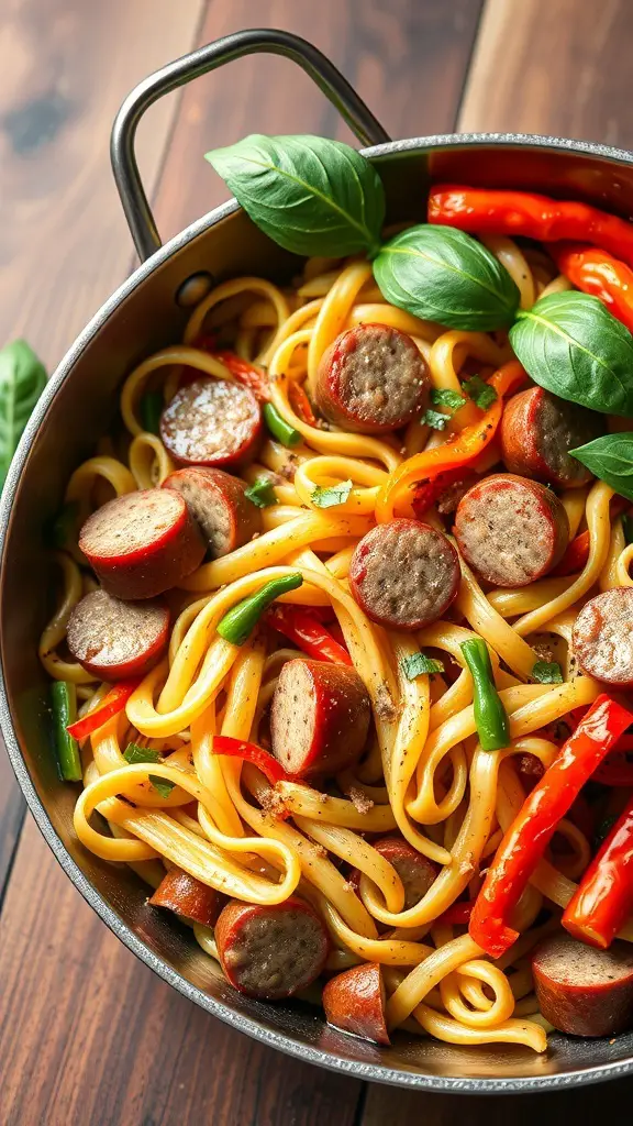 A bowl of fusilli pasta with sausage and colorful peppers, garnished with fresh basil.