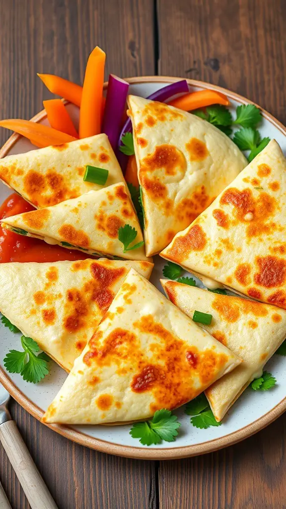 A plate of cheesy veggie quesadillas with colorful bell peppers and cilantro on the side.