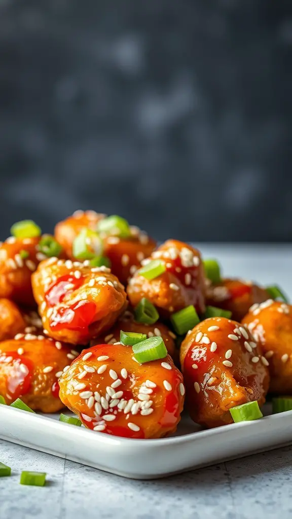 A plate of honey garlic chicken bites topped with green onions and sesame seeds.