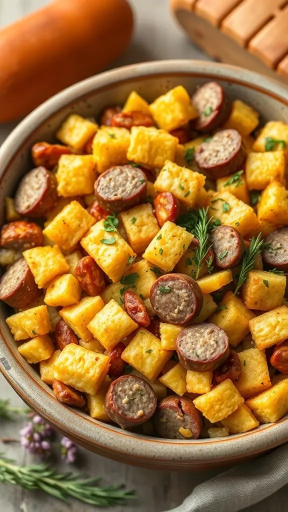 Bowl of cornbread stuffing with sausage, garnished with herbs