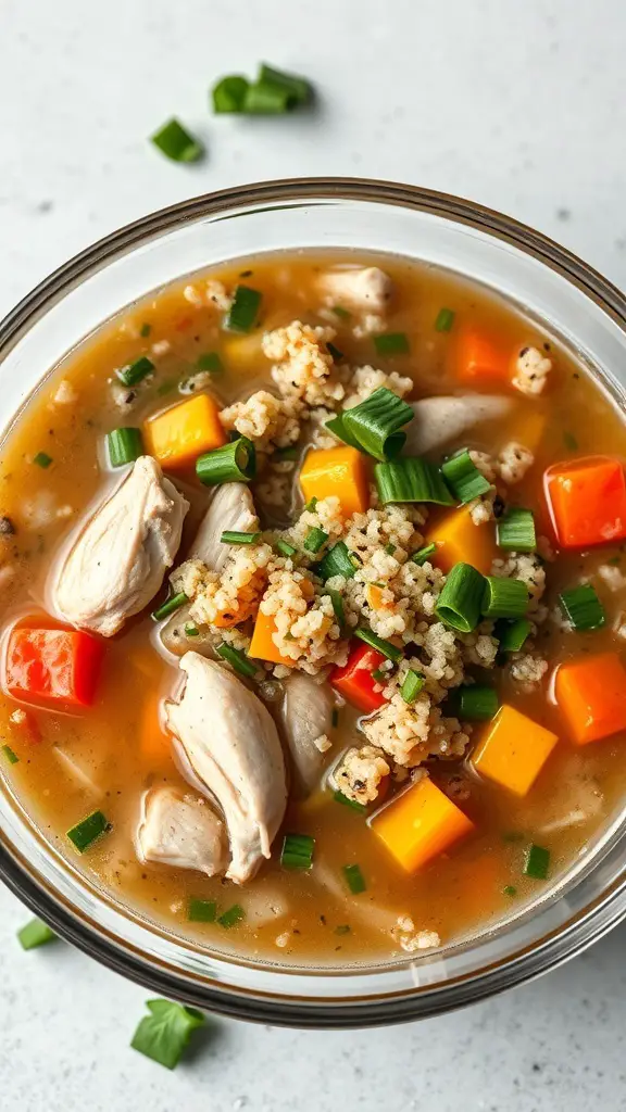 A bowl of nourishing chicken and quinoa soup with colorful vegetables.