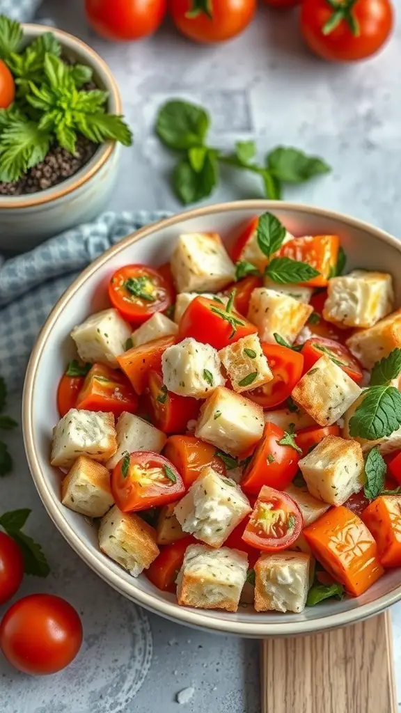 A bowl of Panzanella salad with bread cubes, cherry tomatoes, and fresh herbs
