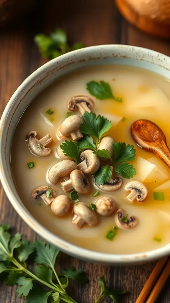 A bowl of Thai Coconut Soup with mushrooms and herbs