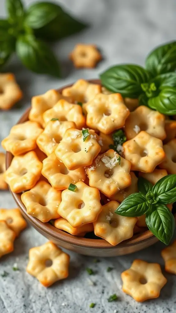 A bowl of cheesy Italian herb oyster crackers garnished with fresh basil.