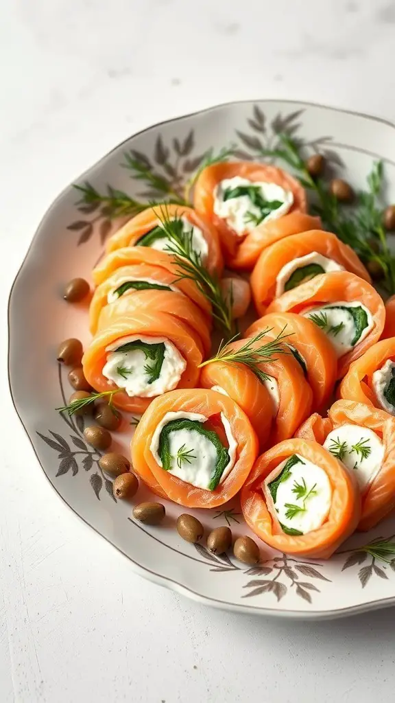 Plate of cream cheese and dill salmon rolls garnished with olives and dill
