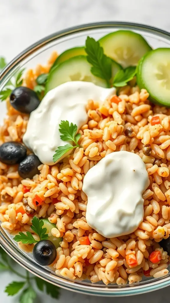 A Mediterranean grain bowl featuring orzo, cucumbers, olives, and yogurt.