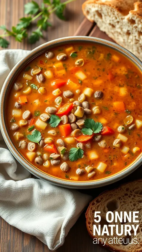 A bowl of hearty lentil and vegetable soup with colorful vegetables and a slice of bread.