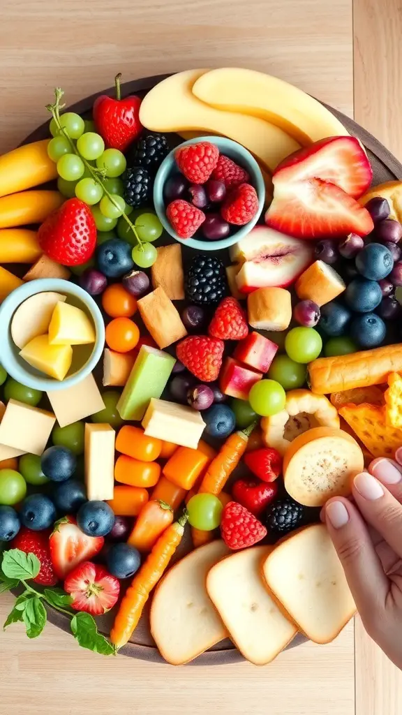 A colorful charcuterie board filled with fruits, cheeses, and snacks suitable for kids.