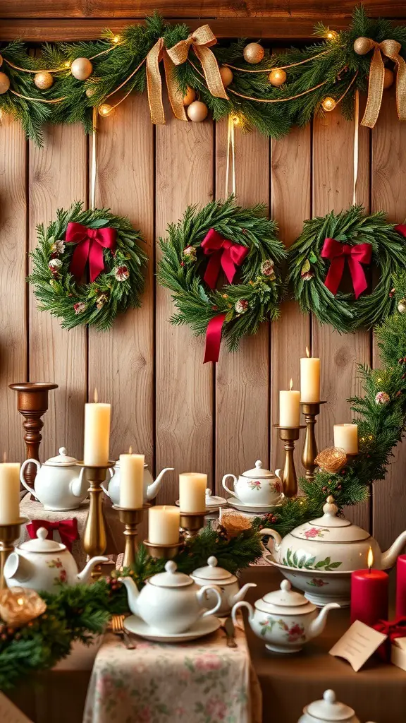 A beautifully decorated Christmas tea party setup with wreaths, candles, and teapots.