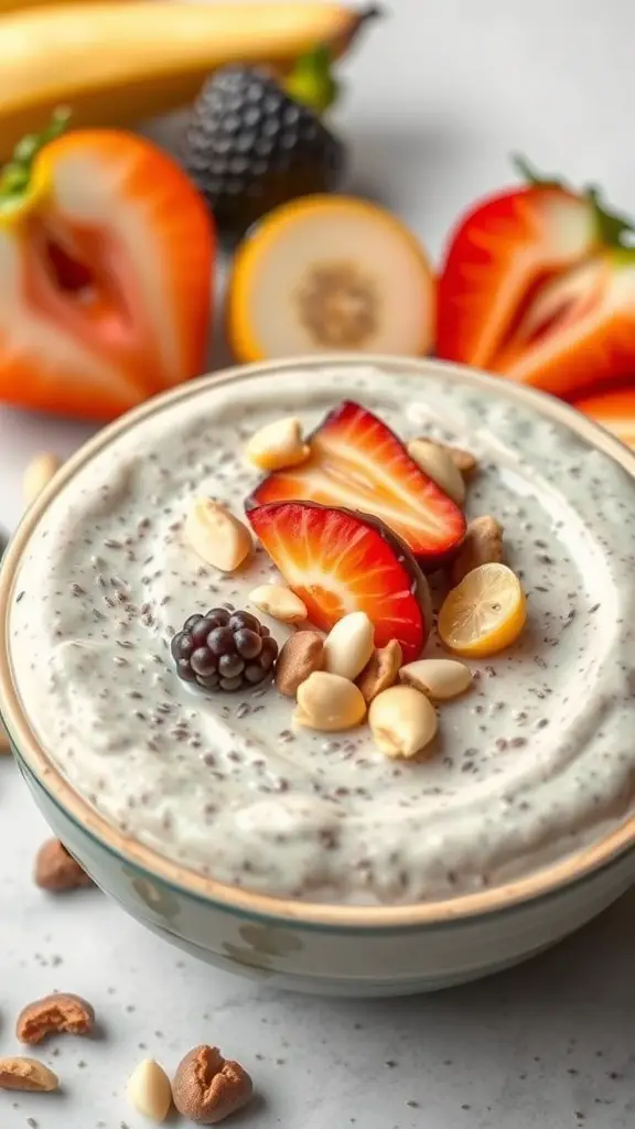 A bowl of chia seed pudding topped with fresh fruits and nuts, surrounded by colorful fruits.