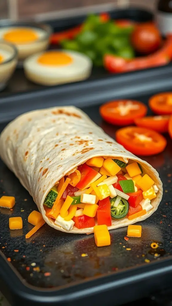 A close-up of a breakfast burrito filled with colorful vegetables and cheese, with fresh ingredients in the background.
