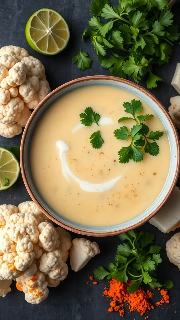 A bowl of creamy coconut curry cauliflower soup garnished with cilantro, surrounded by fresh cauliflower, lime, and spices.