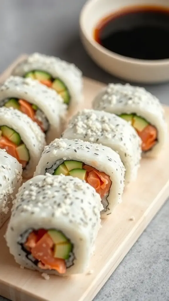 Delicious salmon sushi rolls on a wooden board with a bowl of soy sauce