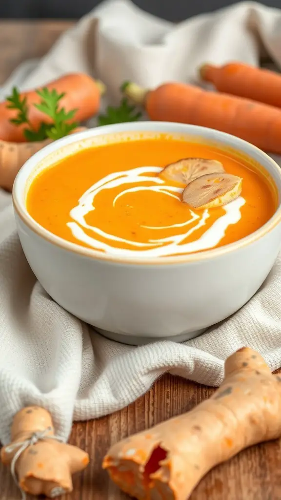 A bowl of carrot and ginger soup garnished with cream, surrounded by fresh carrots.