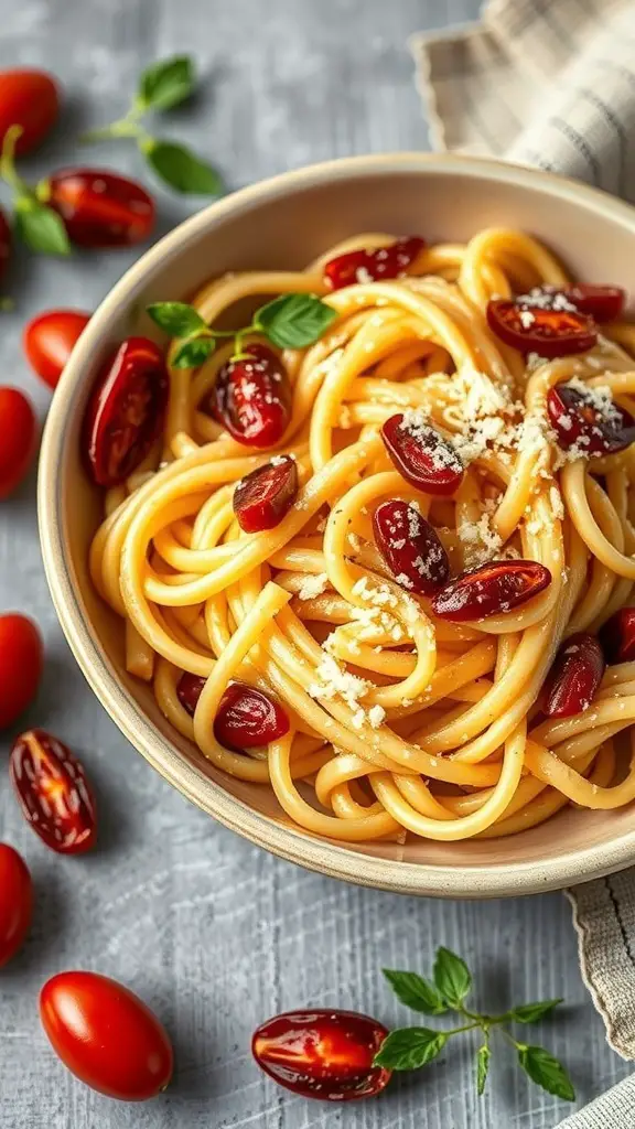 A bowl of Sun-Dried Tomato Alfredo pasta with fresh basil and cherry tomatoes