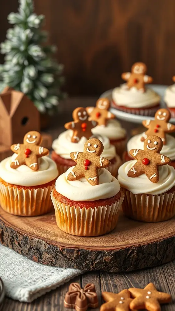 A plate of gingerbread spice cupcakes topped with gingerbread cookies, set on a wooden table.