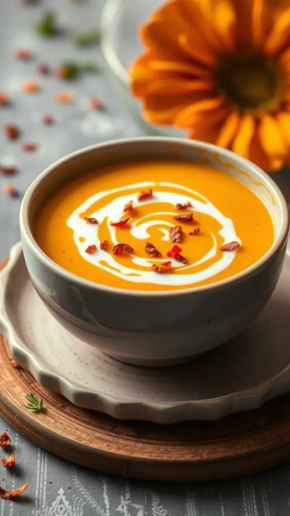 A bowl of spicy butternut squash soup garnished with cream and red pepper flakes, with an orange flower in the background.
