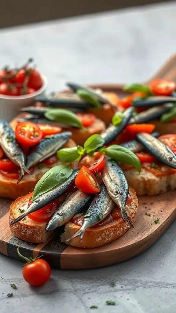 A wooden platter with bruschetta topped with sardines and tomatoes, garnished with basil leaves.