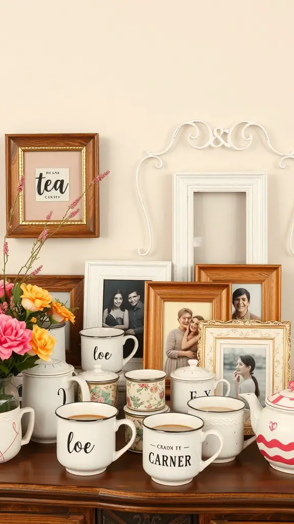 A cozy tea party setup with mugs, framed photos, and flowers.
