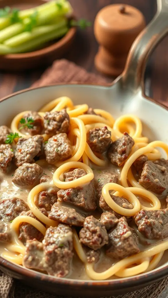 Beef Stroganoff Egg Noodle Casserole with chunks of beef and noodles in a creamy sauce
