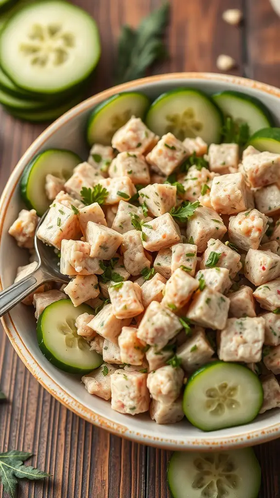 Bowl of tuna salad with olive oil and herbs, garnished with cucumber slices