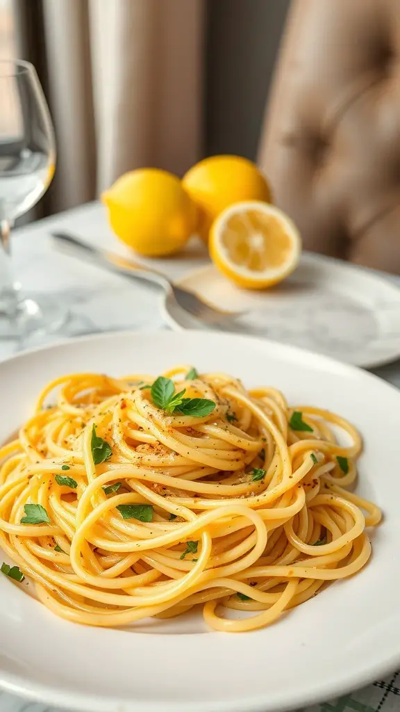 A plate of spaghetti with lemon garlic butter sauce, garnished with parsley and served with lemons in the background.