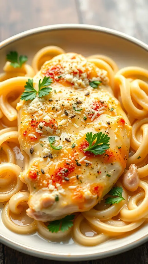 A plate of creamy garlic parmesan chicken served over pasta, garnished with herbs.
