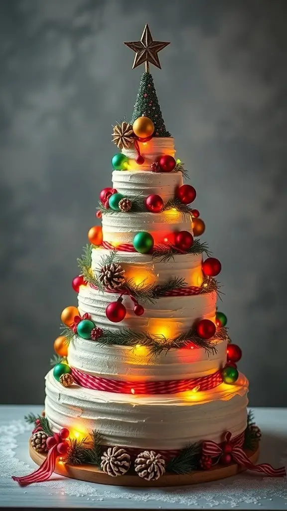 A tiered cake designed like a Christmas tree, decorated with colorful ornaments, lights, and a star on top.
