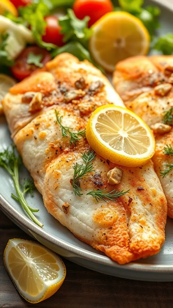 Fried tilapia fillets garnished with lemon slices and dill, served with a fresh salad.