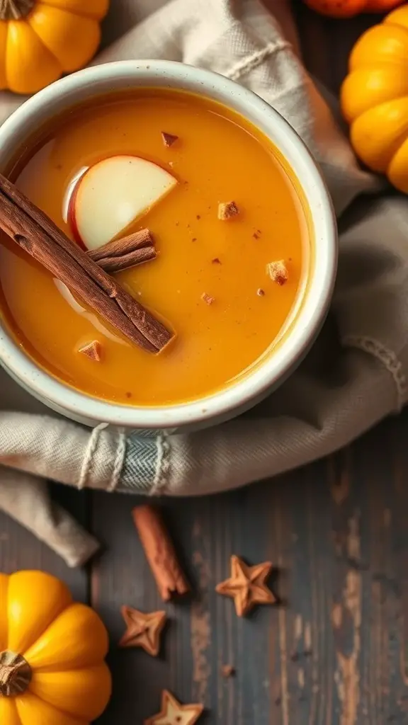 A bowl of spiced pumpkin and apple soup with a cinnamon stick and apple slice on top, surrounded by small pumpkins.