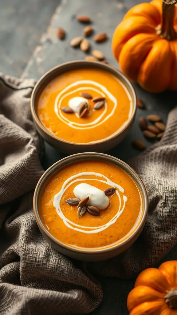 Two bowls of pumpkin soup with cream and pumpkin seeds, surrounded by a pumpkin and a cloth.