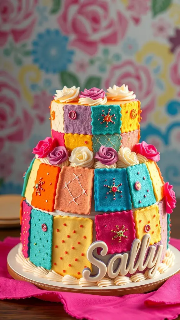 A colorful patchwork cake inspired by Sally from The Nightmare Before Christmas, featuring vibrant squares and floral decorations.