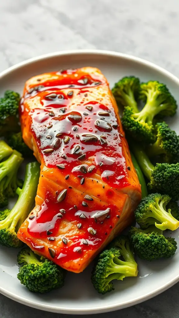 A plate of teriyaki salmon topped with sauce and sesame seeds, surrounded by steamed broccoli.