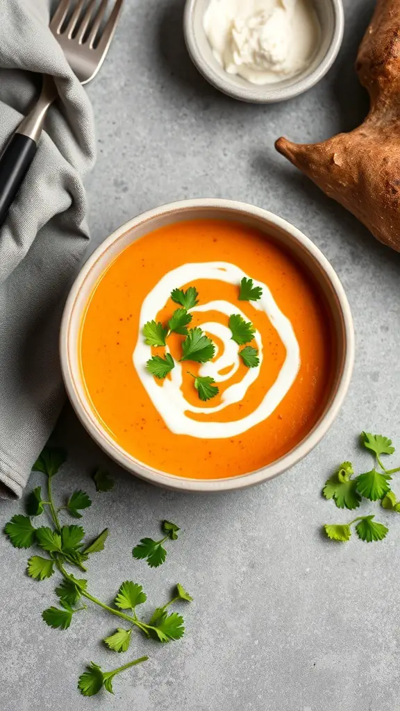 A bowl of sweet potato and coconut soup garnished with cream and cilantro