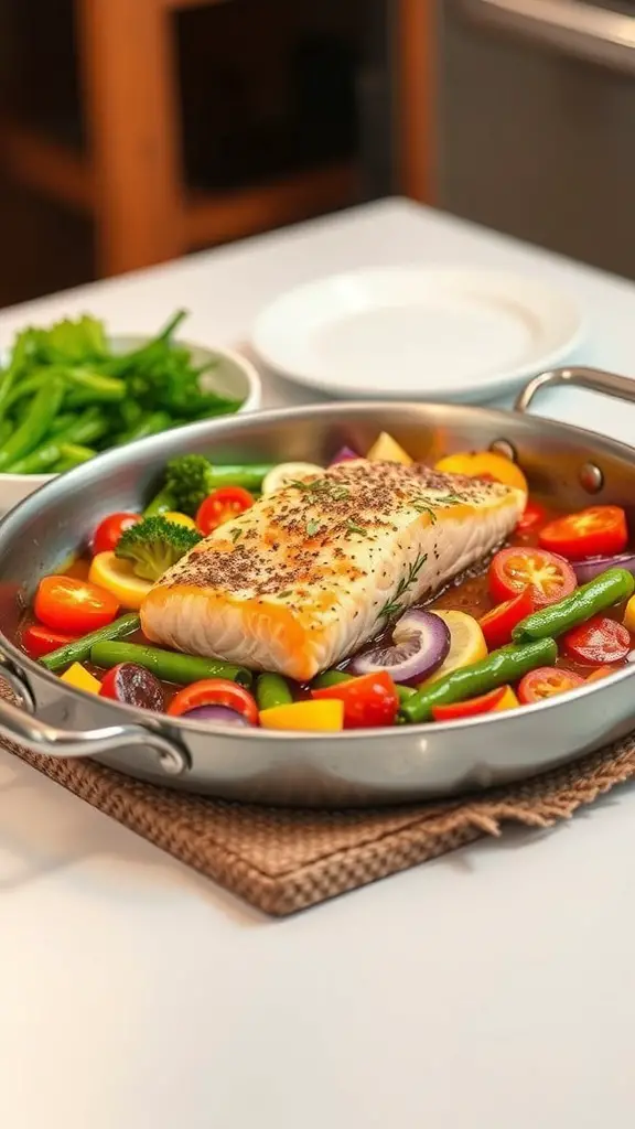 A delicious one-pan salmon dish with colorful vegetables.