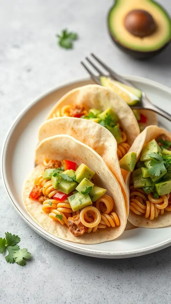 A plate of pasta tacos filled with pasta, topped with avocado salsa and cilantro, with an avocado in the background.