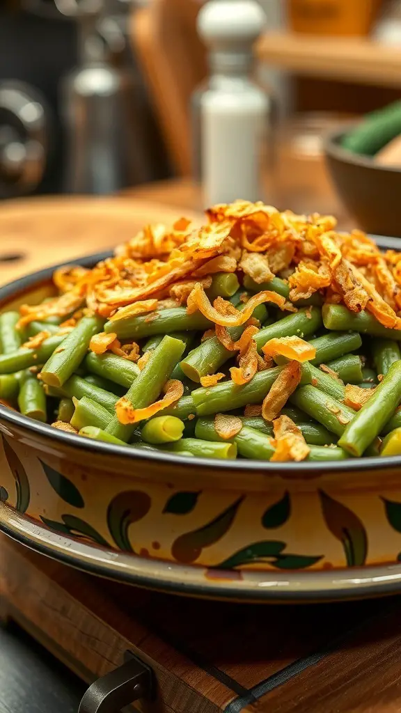 A delicious green bean casserole topped with crispy fried onions, served in a decorative dish.