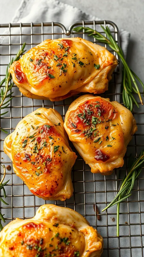 Crispy baked chicken thighs on a wire rack, garnished with herbs