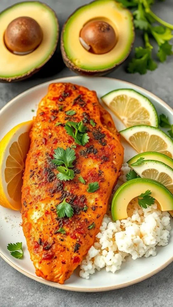 A plate of chipotle fried tilapia garnished with cilantro, served with rice, avocado, and lemon slices.