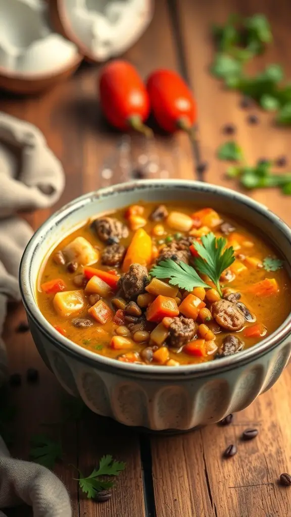 A bowl of Coconut Curry Lentil Stew with colorful vegetables and herbs on a wooden table.