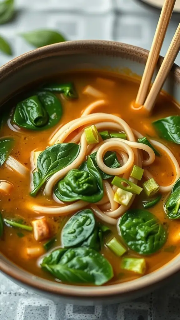 A bowl of miso noodle soup with spinach and green onions, served with chopsticks.
