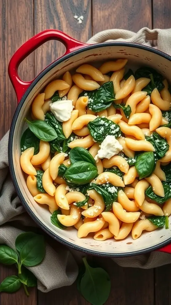 A pot of elbow pasta with spinach and ricotta, garnished with fresh spinach leaves.