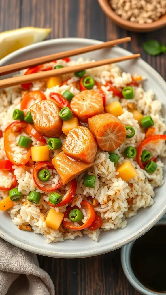 A bowl of salmon fried rice with vegetables, featuring colorful peppers and green onions.