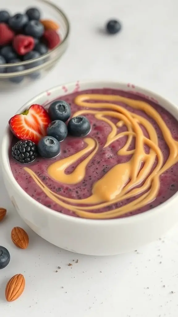 A delicious acai bowl topped with creamy nut butter and fresh berries.